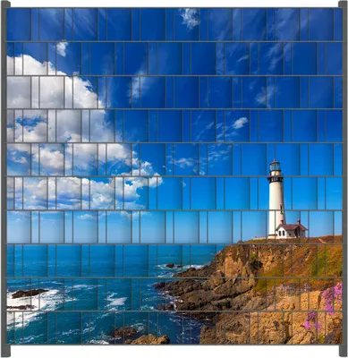 Produktbild von Wallario Zaunsichtschutz mit Motiv Leuchtturm auf einem Felsvorsprung - Blauer Himmel für Ein- und Doppelstabmatten Zäune in der Größe 200 x 200 cm