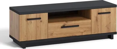 Obrázok produktu pre TV skrinka Ines 135 cm vo vzhľade dreva a čiernej farbe - 2 dvierka, 1 zásuvka, masívna TV doska s hrúbkou 32 mm, Loft