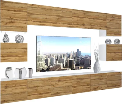 Produktbild von BELINI Wohnwand Vollausstattung Wohnzimmer-Set Moderne Schrankwand mit LED-Beleuchtung Weiß Glänzend Anbauwand TV-Schrank Wotan-Eiche Matt