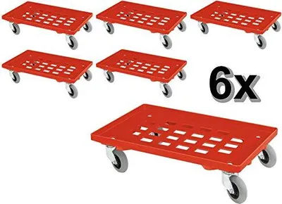 Produktbild von 6x Transportroller mit Flüsterrollen, rot, Gitterdeck, für Behälter 600x400 mm oder 2x 400x300 mm