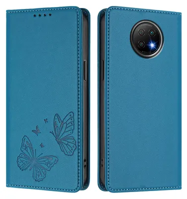 Produktbild von Lederhülle für Xiaomi Redmi Note 9T, Schmetterling Prägung Leder Brieftasche Schutzhülle mit Ständer Blau