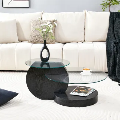 Produktbild von Moderner Couchtisch, zweischichtiges Sicherheitsglas, 90×70 cm, schwarz, mehrstufiges Design