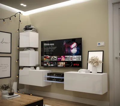 Produktbild von Furnitech Wohnwand Wohnzimmer - Wohnzimmer Möbel mit LED Blau - Hängend Wohnwand Modern - Wohnzimmer Schrankwand mit Regale und TV Schrank (AN100-21W-HG2-1A)