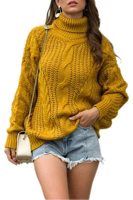 Image de Solidchoice - Pull à col roulé jaune, manches longues, épais, pour femmes