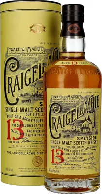 A bottle of Craigellachie 13 Year Old Single Malt Scotch Whisky and its cylindrical gift packaging.