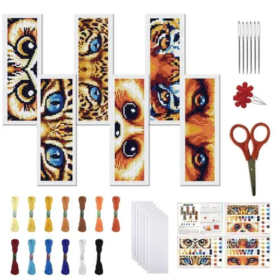 Produktbild von Kreuzstich Lesezeichen Set 6 Stück Tieraugen Muster Vorgedruckt 20x6cm Anfänger Bastelset