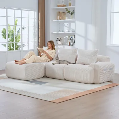 Image de Canapé modulaire en velours côtelé - Canapé 3 places avec poufs, beige - Combinaisons au choix - Avec porte-gobelets et sac de rangement