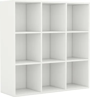 A white cube shelf unit with nine compartments.