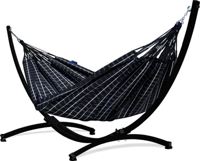 Produktbild von Potenza Outdoor Catargo Hängematte mit Gestell für 2 Personen I Baumwolle Doppelhängematte XXL 220x160, 220kg I Schwarz Hängemattengestell 220kg, wetterfest