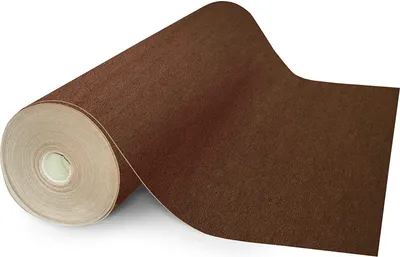 A roll of dark brown needle felt carpet is shown on a white background.