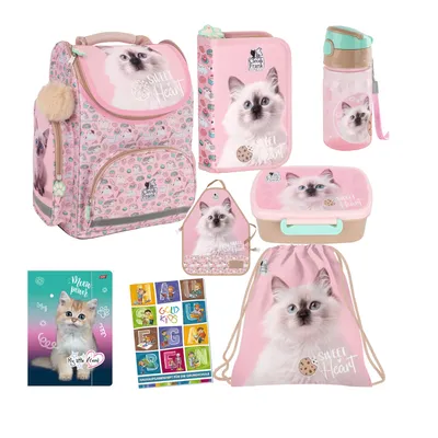 Produktbild von Goldkids - Schulranzen für Jungen und Mädchen, 8er-Set - Schul-Rucksack für Kinder mit Federmäppchen - Schuhbeutel Trinkflasche und Brotdose - Katze