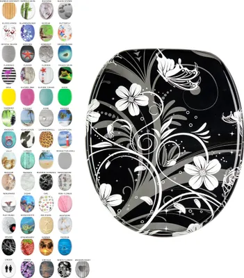 A toilet seat with a black background and white and gray floral and butterfly pattern, displayed next to a grid of smaller images of other toilet seat designs.