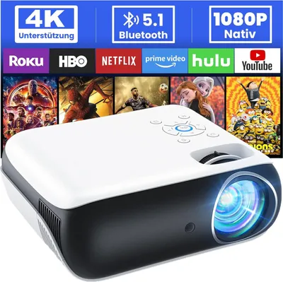 Produktbild von Full HD 1080P Beamer, Bluetooth Beamer 4K Unterstützt, Tragbare Mini Beamer Heimkino, Home/Outdoor Projektor Kompatibel mit Smartphone/HDMI/USB/AV