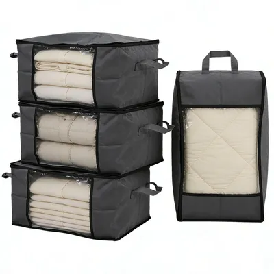 Produktbild von Aufbewahrungstasche faltbare Aufbewahrungsboxe mit Deckel Kleiderschrank Organizer mit Reißverschluss Griffe Kleidung 4er Set 60L 55 x 35 x 31.5 cm