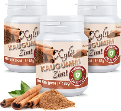 Produktbild von Xylitquelle Zahnpflegekaugummi ZIMT | 3 x 80 Stk | 100% Xylit für angenehmen Atem | zuckerfrei, vegan, ohne Aspartam | 240 Kaugummis (3er Pack)