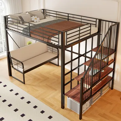 Obrázek produktu pro Patrová postel 140 x 200 cm s kovovým rámem, odnímatelnou čalouněnou pohovkou, úložnými schůdky, černá