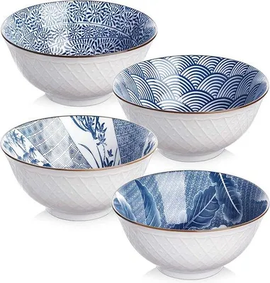 Produktbild von Unyqoos® Japanische Keramikschalen 4er-Set – 700 ml (24 oz), tief & stapelbar, blau-weißes Muster, mikrowellen- und spülmaschinenfest, Ramen-/Reisschalen