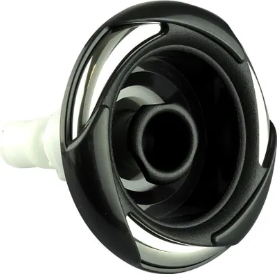 A close-up studio shot of a black and silver jet nozzle for a hot tub or spa.