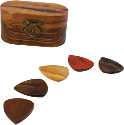Holz Gitarren-Pick-Box mit 5 Stück Plectrums