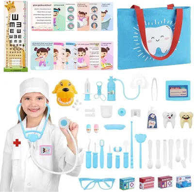 Immagine prodotto di Kit del dottore per bambini - Giocattoli a tema medico - Gioco di ruolo - Set da 58 pezzi - Borsa grande - Blu