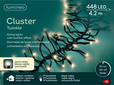 A close-up of a string of warm white LED lights with a teal background, featuring product information and branding.