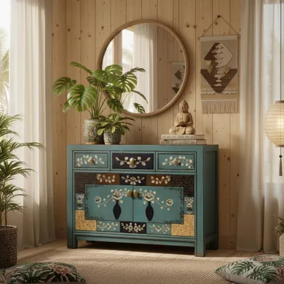 Produktbild von OPIUM OUTLET chinesische Kommode Sideboard Schrank Möbel orientalisch chinesisch Schränkchen Anrichte blau Shabby Chic Stil Kolonialstil vintage antik Holz