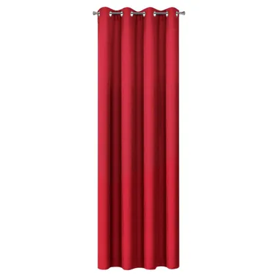 A red curtain hanging from a rod.