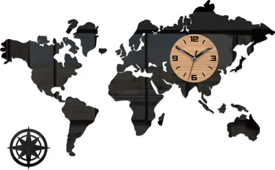 A world map wall clock with a compass rose.