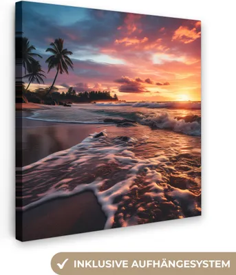 Produktbild von MuchoWow® - Leinwandbilder - Sonnenuntergang - Strand mit Palmen - Meer, Wandbild, Wanddeko Bilder Wohnzimmer, 20x20 cm