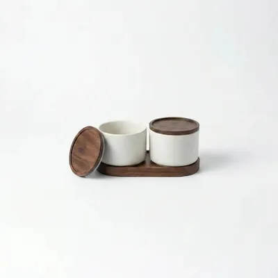 Produktbild von Terra Vorratsdosen-Set 3-teilig aus Keramik mit Holzdeckeln und Tablett