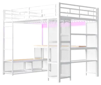 Obrázek produktu pro Postel do výšky – kovová postel do výšky – 140 x 200 cm – Úložný prostor – Otevřená skříň – USB port – LED osvětlení – Bílá barva