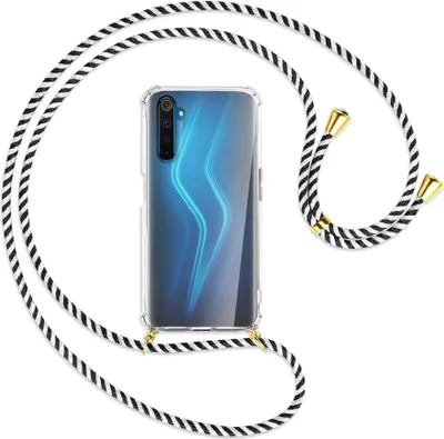 Produktbild von Handykette Backcover-Schutzhülle mit Band (Metall goldfarben) für Realme 6 Pro - schwarz/weiß gestreift