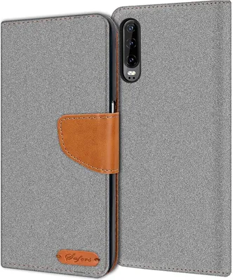 Produktbild von Conie Jeans Style Klapp Tasche für Huawei P30 Kartenfach Hülle Rundumschutz in Grau
