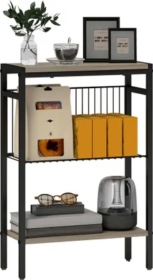 Produktbild von Schmaler Beistelltisch - 3 Ebenen Regal - Offene Ablagen - Holz - 43×18×62,5 cm - Für Wohn- & Schlafzimmer - Schwarz