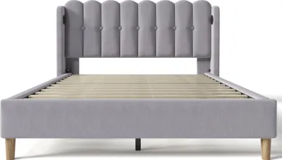 Produktbild von Flieks Polsterbett 160x200cm mit USB und Typ C, Jugendbett Kinderbett mit Lattenrost, Doppelbett Holzbett Klassische Betten, Leinen, Grau