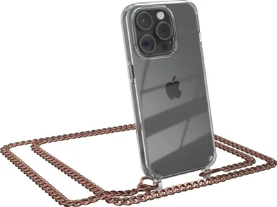 Produktbild von EAZY CASE Metall Handykette für Apple iPhone 15 Pro, Handyhülle mit Umhängeband, Silikonhülle, Metallkette für Smartphone in Rosa