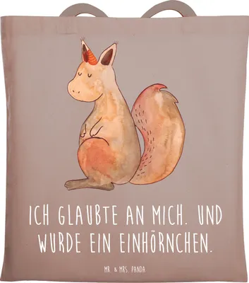 Produktbild von Mr. & Mrs. Panda Shopping Tasche Einhorn Glauben - Braun Pastell - Geschenk, Jutebeutel, Unicorn, Tote Bag, Eichhörnchen, Laptoptasche, Schultasche, Einhörner, Eichhorn