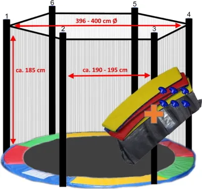 Produktbild von walexo Trampolin Randabdeckung + Sicherheitsnetz für 6 Stangensystem ( 396 cm Ø, Bunt/Schwarz )