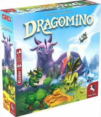 The image shows the front and side of the Dragomino board game box, featuring colorful illustrations of dragons and a landscape.
