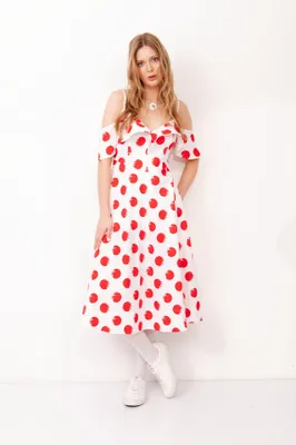 Produktbild von Weiß-rotes Kleid mit Print aus 100% Baumwolle