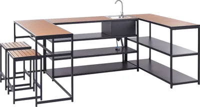 Obrázek produktu pro BELIANI 6dílná venkovní kuchyňská souprava černá ocel světlé dřevo 2místný barový stůl stoličky regál s dřezem páková baterie zahrada kuchyň jídelna
