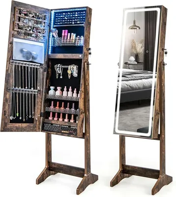 Imagen del producto de Armario para joyas con espejo, armario espejo con iluminación LED de 3 colores, con cerradura, de pie, con inclinación ajustable, estante para joyas con cajones, 41 x 38,5 x 151 cm (marrón rústico)