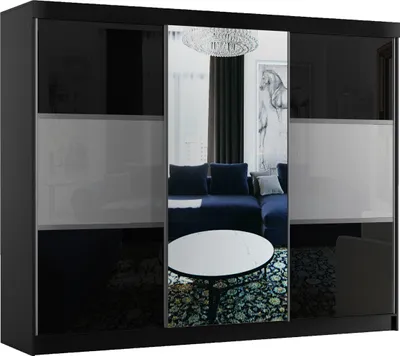 Produktbild von BETTSO Schwebetürenschrank 250 cm mit Spiegel Kleiderschrank mit Kleiderstange und Einlegeboden mit Lacobel Schlafzimmer Schiebetüren Schwarz Grau