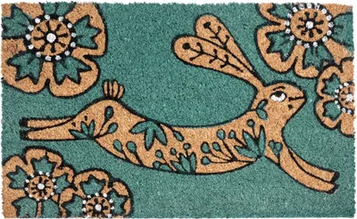 Produktbild von BELIANI Fußmatte Blaugrün Kokosfaser 45 x 75 cm Rechteckig Hasenmotiv Blumen mit Anti-Rutsch-Rückseite Fußabtreter Türmatte Schmutzfangmatte
