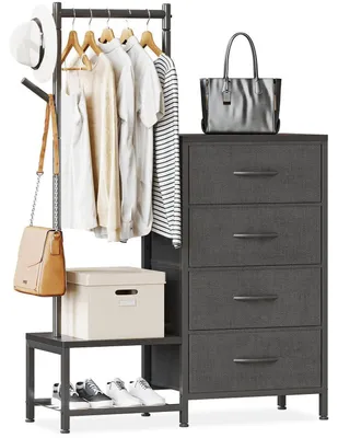 Image de Commode 3 en 1 avec porte-vêtements, 4 tiroirs en tissu, étagère à chaussures, noire