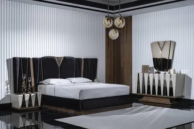 Image de Ensemble de chambre à coucher noir et blanc en bois avec miroir et