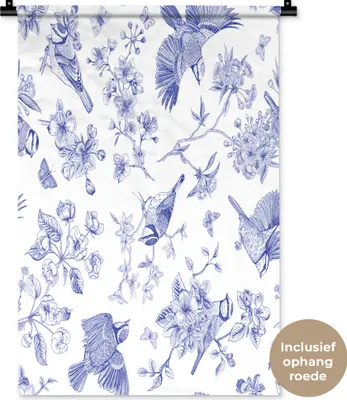 Produktbild von MuchoWow® Wandteppich Wandbehang Blumen - Vögel - Blau 60x90 cm Tapisserie Dekoration Wandtuch - Foto-Teppich - Abwaschbar