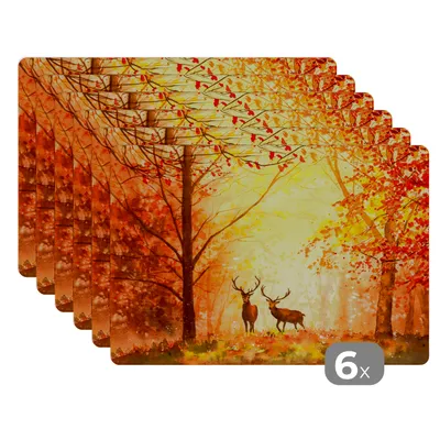 Produktbild von KitchenYeah® Platzsets 6er Set Tischset abwaschbar Platzdecken 45x30 cm Natur - Ölfarbe - Hirsche - Tiere - Herbst - Orange - Tischmatte Platzmatte Untersetzer rutschfest und Hitzebeständig - Placema