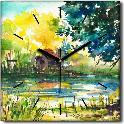 Produktbild von Coloray Uhr auf Leinwand 30x30 cm Wand Uhr Dekoration Wohnzimmer Segeltuch schwarze Hände -Landschaftsdorf Baum.