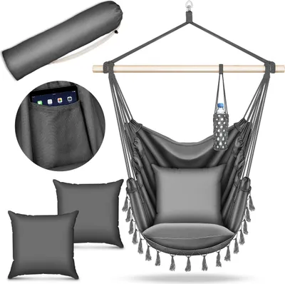 A hanging chair with accessories, presented on a white background.